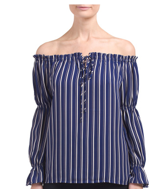 Wayf Off The Shoulder Blue Pinstripe Top