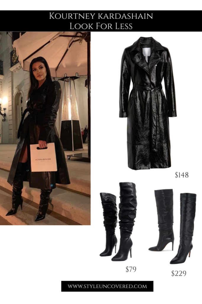 Kourtney Kardashian Black Belted Trench Coat & Slouchy Boots for Less ...